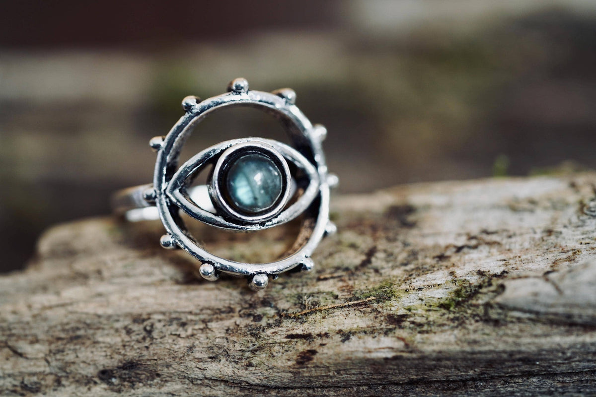 Labradorite Silver Eye Ring, Silver Plated Non Tarnish Ring, Boho Statement Ring, Evil Eye Inspired Ring, Gift for Her