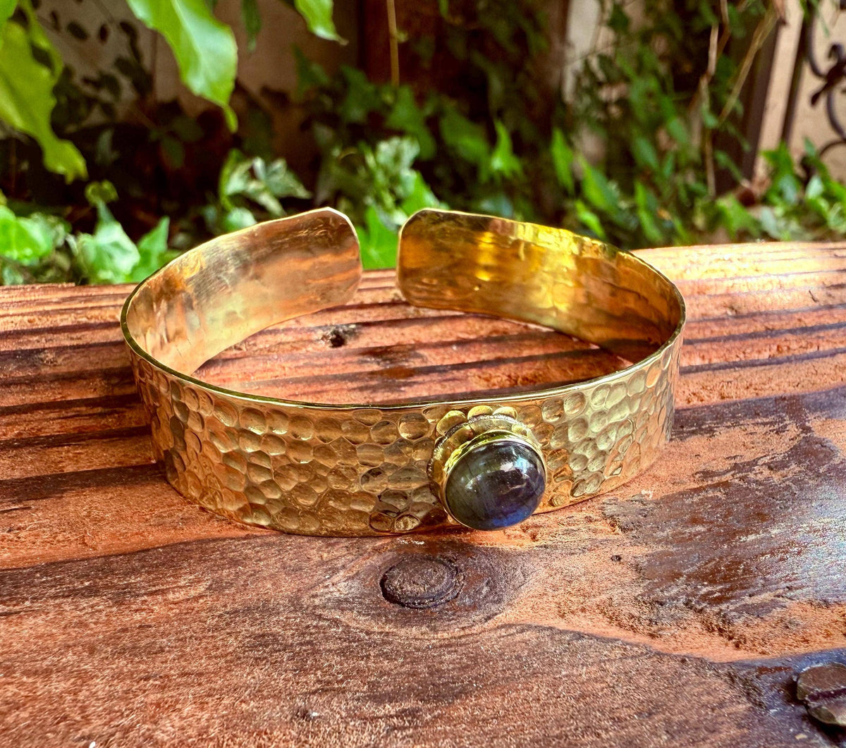Hammered Brass Bracelet Labradorite , Adjustable Bohemian Jewellery, Ethnic Style, Rustic