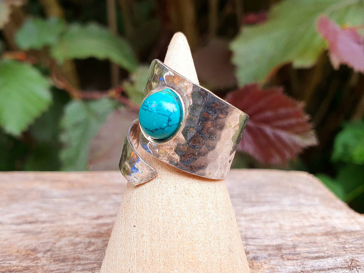 Hammered Silver Ring Turquoise, Boho Adjustable Turquoise Ring