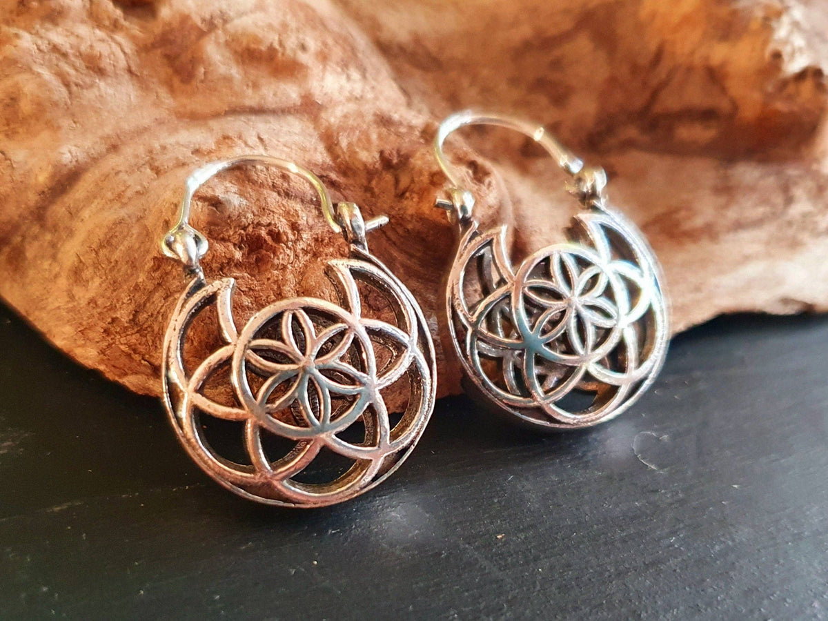 Boho Seed of Life Silver Earrings; Ethnic, Geometric,  Small, Rustic, Yoga, Hippie, Gypsy, Pretty, Ssy, Boho, Bohemian, Festival