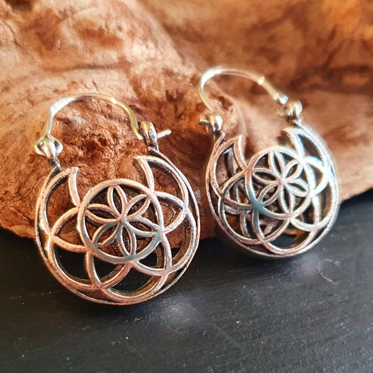 Boho Seed of Life Silver Earrings; Ethnic, Geometric,  Small, Rustic, Yoga, Hippie, Gypsy, Pretty, Ssy, Boho, Bohemian, Festival
