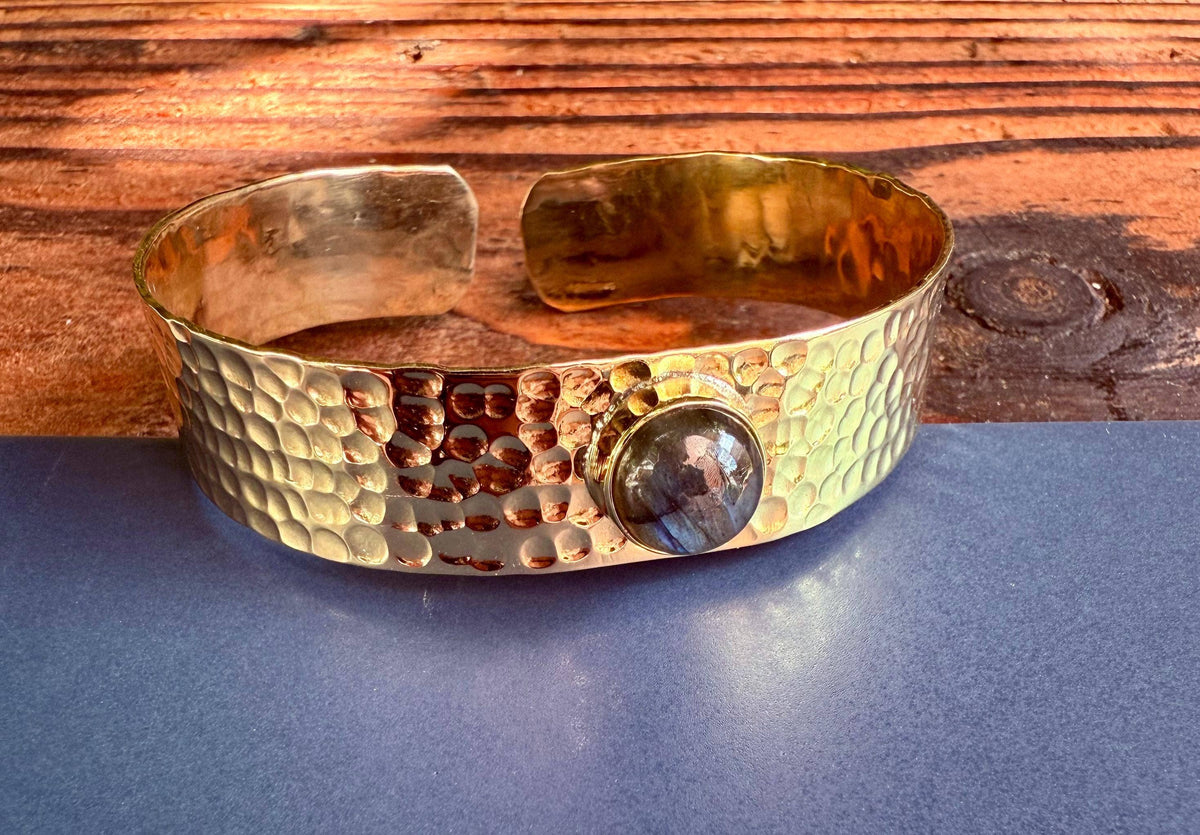 Hammered Brass Bracelet Labradorite , Adjustable Bohemian Jewellery, Ethnic Style, Rustic