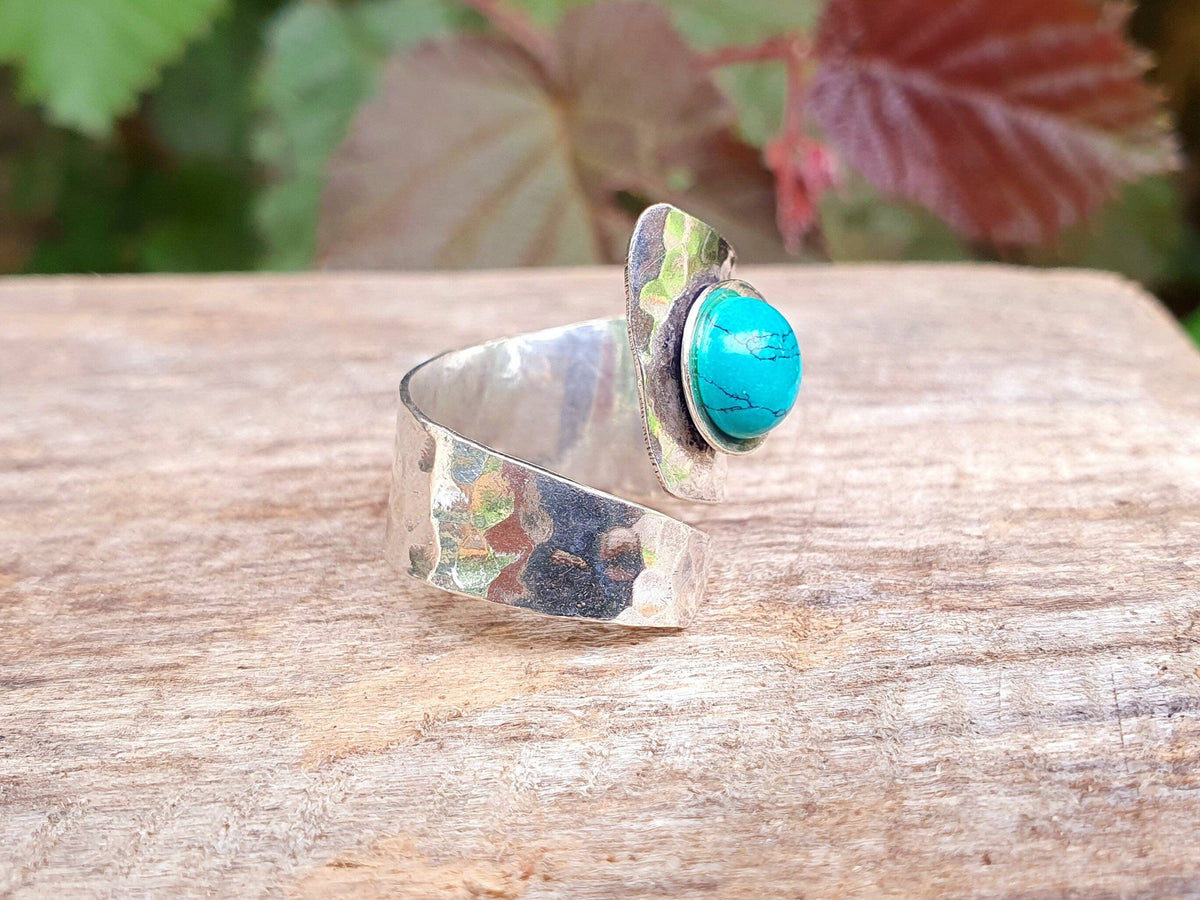Hammered Silver Ring Turquoise, Boho Adjustable Turquoise Ring
