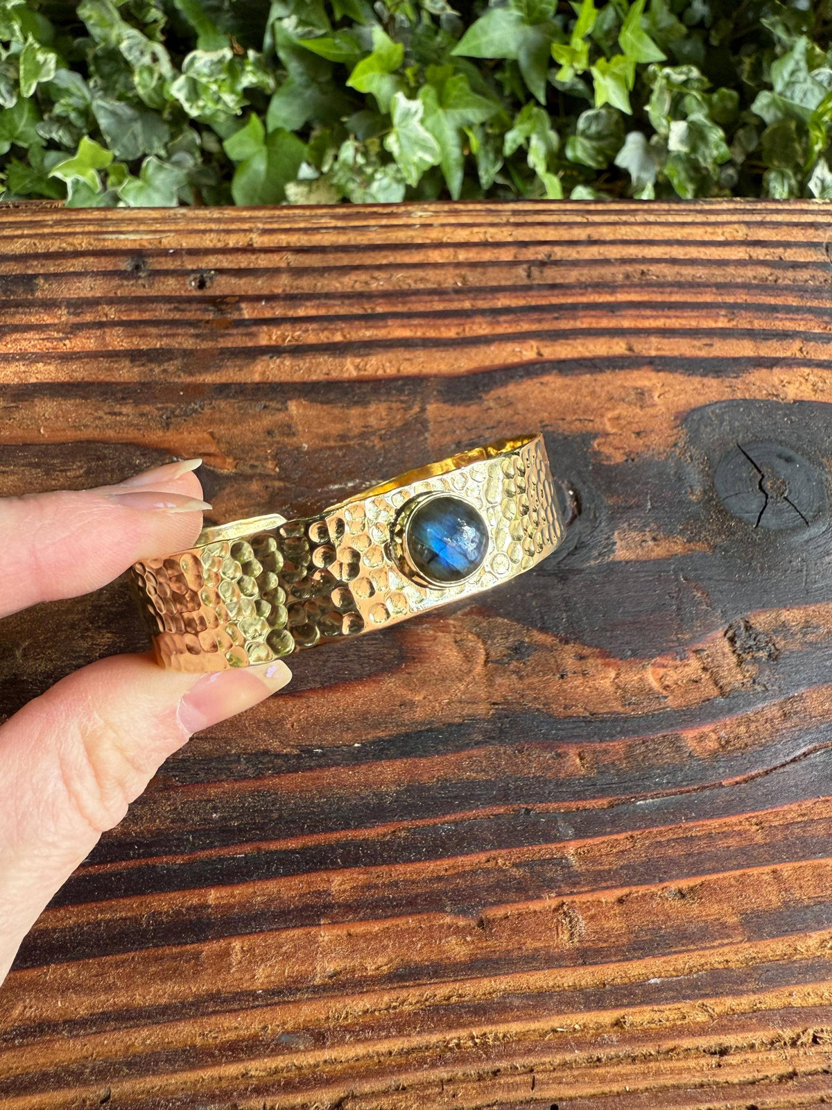 Hammered Brass Bracelet Labradorite , Adjustable Bohemian Jewellery, Ethnic Style, Rustic