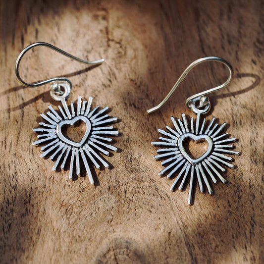 Silver Sacred Heart Earrings, Small Mexican Milagro Inspired Earrings, Sunburst Heart Dangles, Boho Silver Earrings