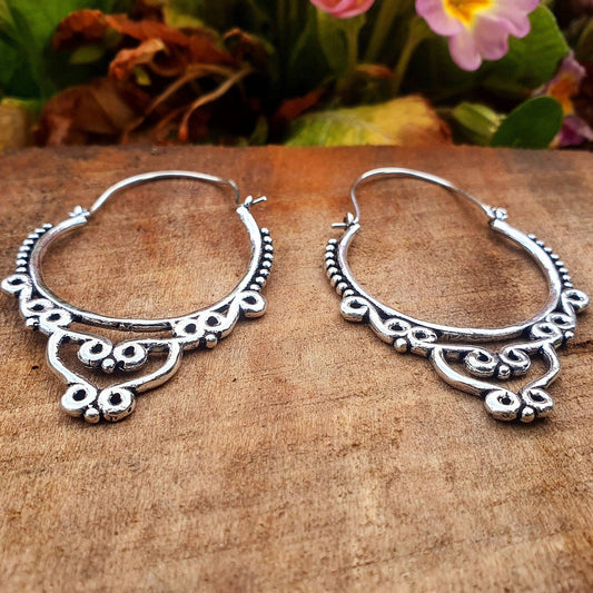 Large Ethnic Silver Hoop Earrings; Ethnic, Geometric, Rustic, Yoga, Hippie, Gypsy, Pretty, Psy, Boho, Bohemian, Festival