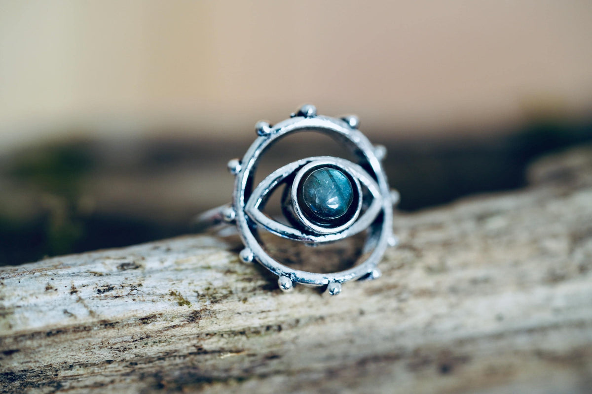 Labradorite Silver Eye Ring, Silver Plated Non Tarnish Ring, Boho Statement Ring, Evil Eye Inspired Ring, Gift for Her