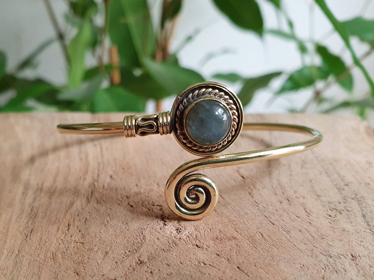 Gold Bracelet & Labradorite / Brass / Adjustable / Spiral / Ethnic / Rustic / Bohemian  / Boho /