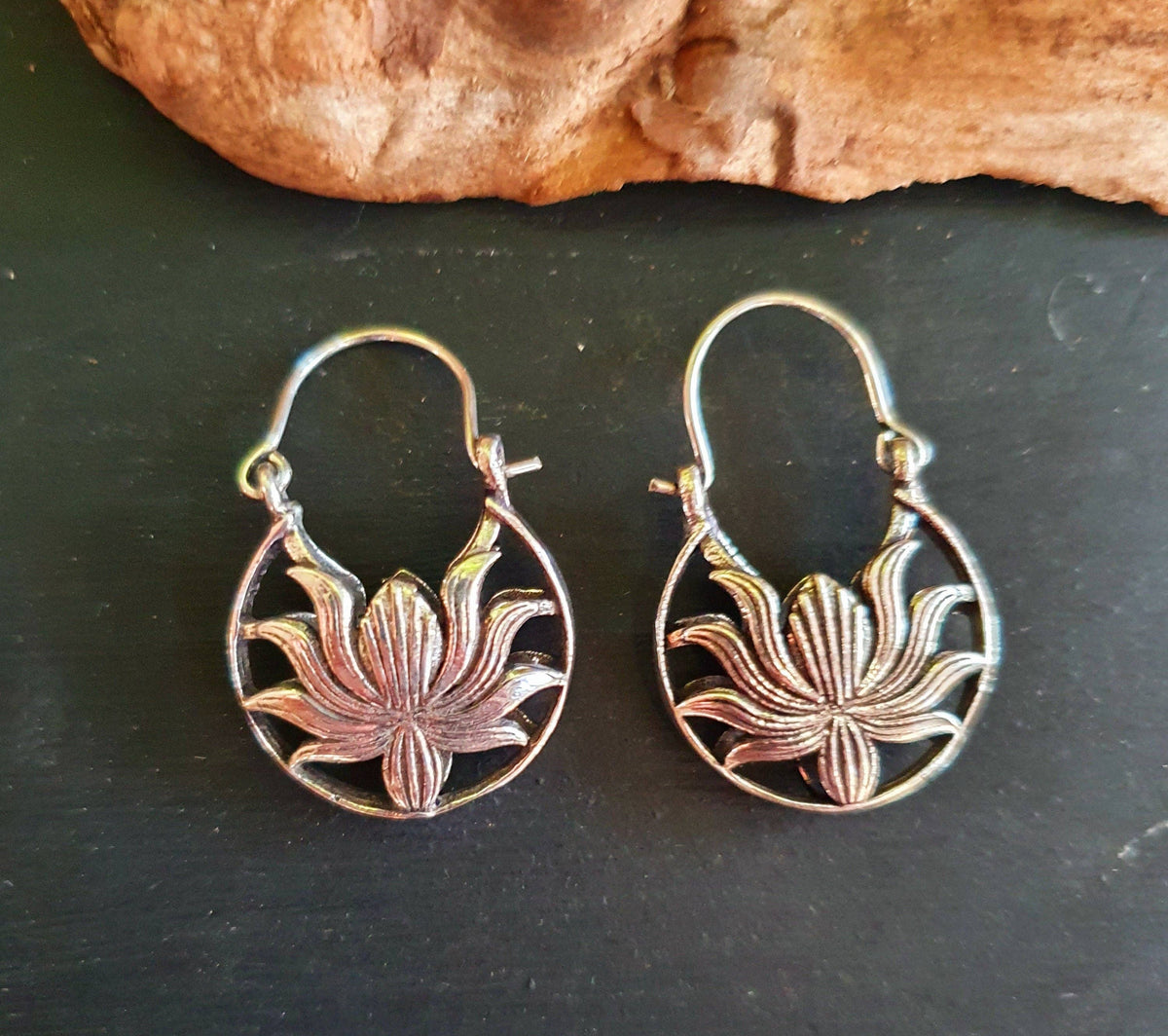 Boho Lotus Flower Silver Earrings; Ethnic, Geometric,  Small, Rustic, Yoga, Hippie, Gypsy, Pretty, Ssy, Boho, Bohemian, Festival