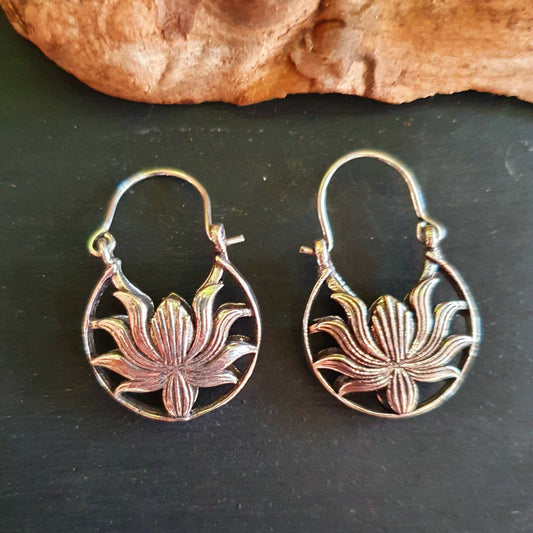 Boho Lotus Flower Silver Earrings; Ethnic, Geometric,  Small, Rustic, Yoga, Hippie, Gypsy, Pretty, Ssy, Boho, Bohemian, Festival