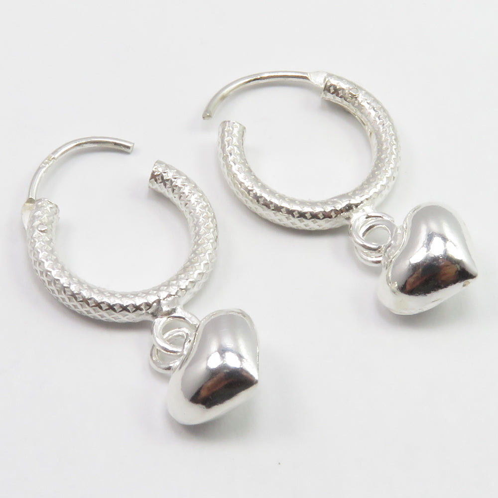 Sterling Silver Heart Hoop Charm Earrings