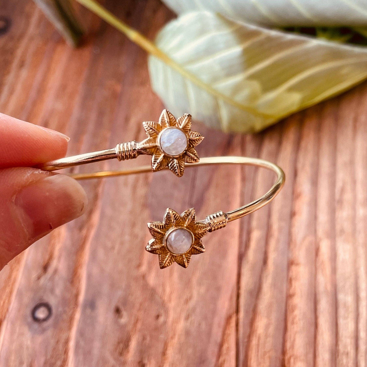 Moonstone Flower Boho Brass Bracelet /  Adjustable / Gold Bangle / Ethnic / Rustic / Bohemian / Hippie / Gypsy / Psy / Bohemian Jewelery