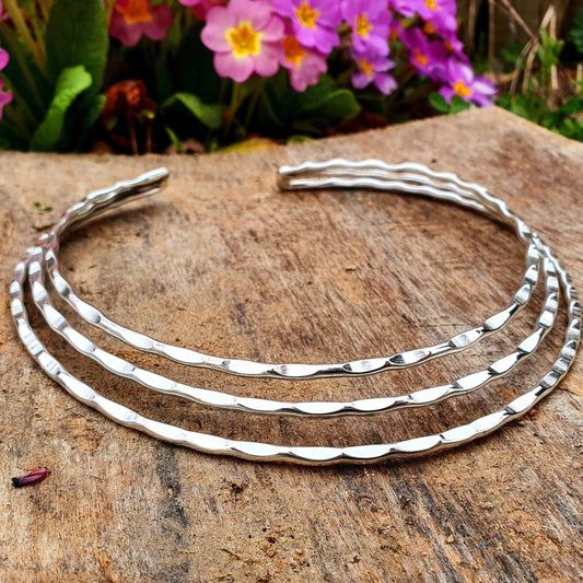 Hammered Silver Choker Three Bands, Boho Statement Choker Necklace, Womens Choker Necklace