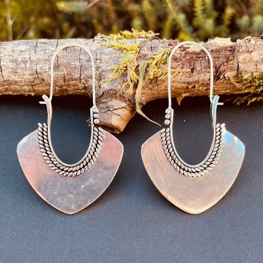 Indian Style Long Drop Silver Earrings; Ethnic, Geometric, rustic, yoga, hippie, gypsy, pretty, psy, boho, bohemian, festival