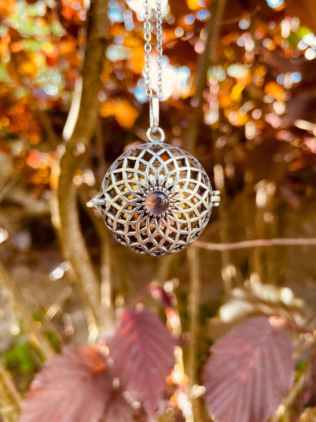 Silver Bola Necklace Brass & Amethyst / Pregnancy / Hypoallergenic / Harmony Ball / Chimes / Bell / Vegan / Ethnic / Boho  / Hippie /
