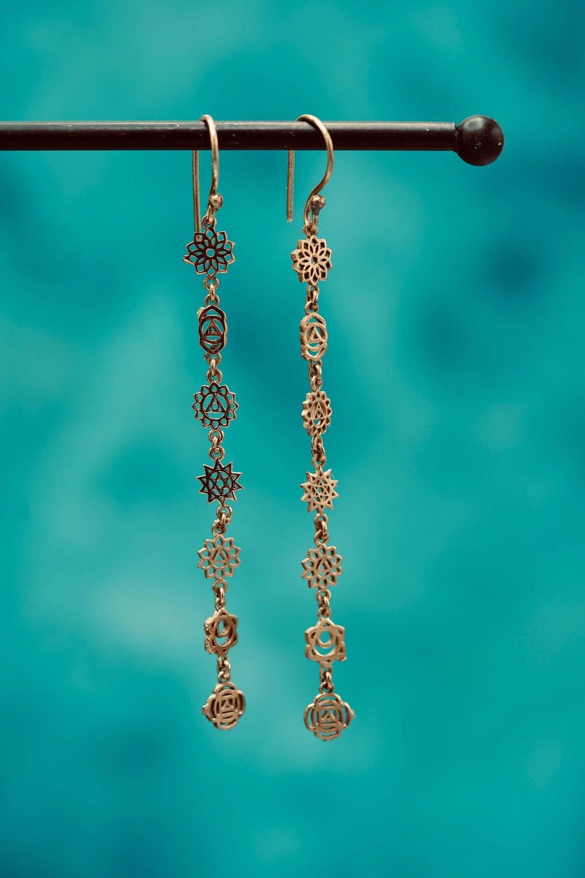 Long Pendant Brass Chakra Earrings, Boho Jewellery