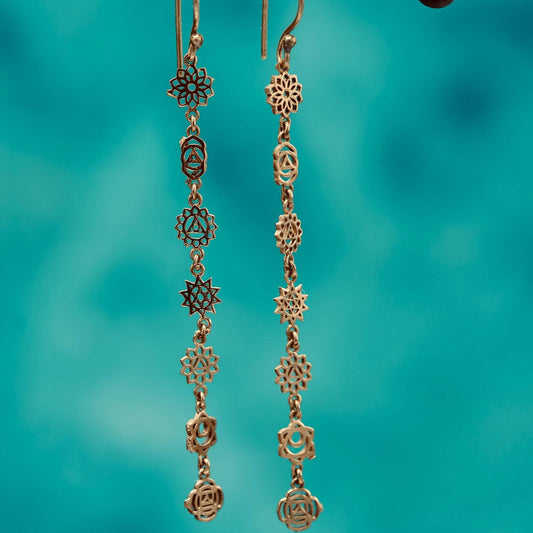 Long Pendant Brass Chakra Earrings, Boho Jewellery