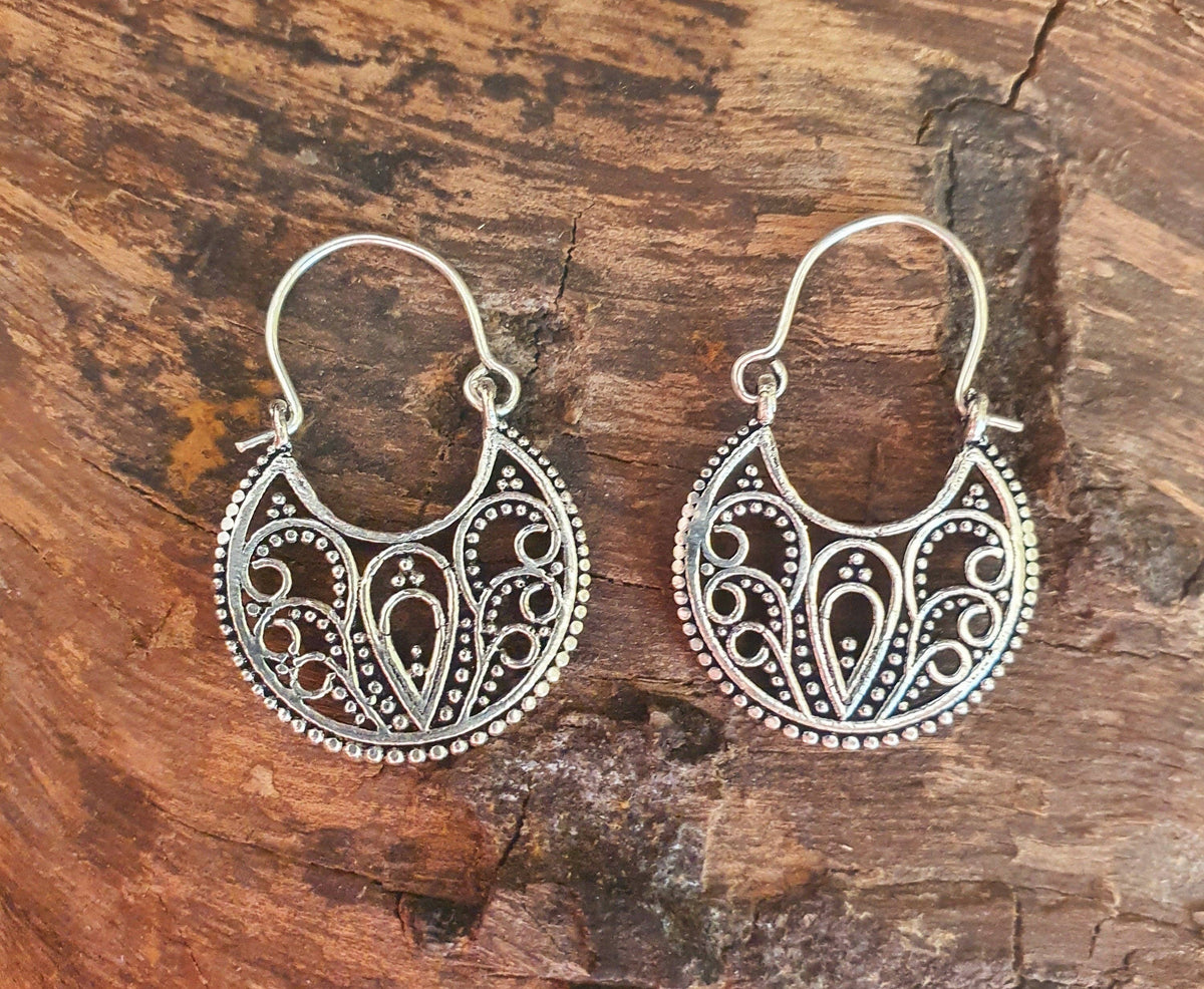 Mini Boho Silver Mandala Flower Earrings; Ethnic, Geometric,  Small, Rustic, Yoga, Hippie, Gypsy, Pretty, Ssy, Boho, Bohemian, Festival