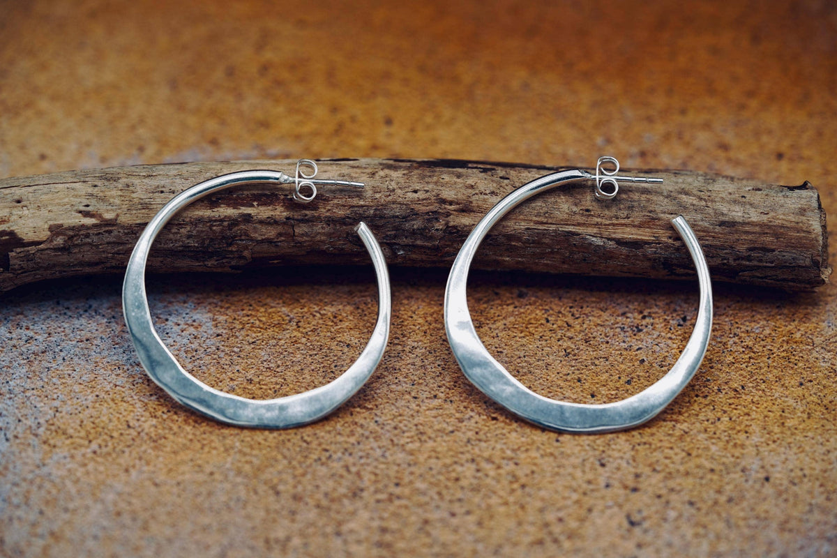 Hammered Flat Silver Hoop Earrings Butterfly Back, Irregular Silver Hoops, Ethnic Jewellery, Everyday Silver Earrings