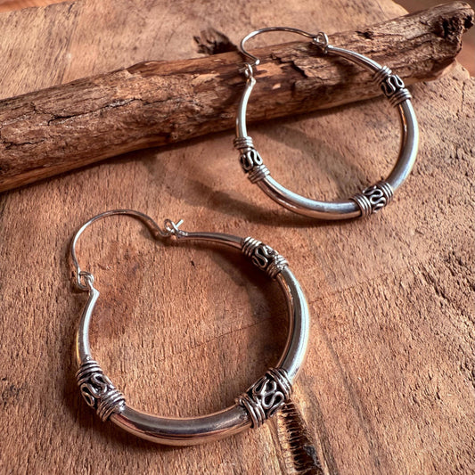 Silver Tribal Hoop Earrings / Ethnic / Rustic / Bohemian / Gypsy / Hippie / Chunky