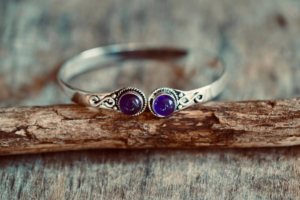 Amethyst Silver Cuff Bracelet, Spiritual Bracelet, Boho Silver Bangle, Statement Cuff, Feminine Jewellery, Gift for Her