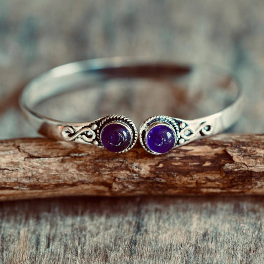 Amethyst Silver Cuff Bracelet, Spiritual Bracelet, Boho Silver Bangle, Statement Cuff, Feminine Jewellery, Gift for Her