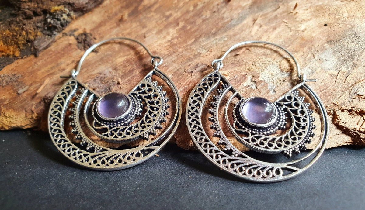 Amethyst & Silver Hoop Earrings Ethnic, rustic, yoga, hippie, gypsy, pretty, psy, boho, bohemian, festival