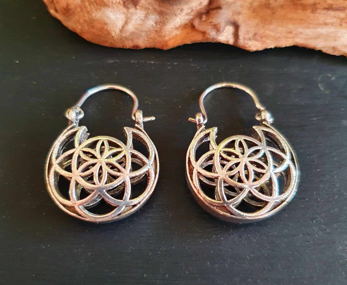 Boho Seed of Life Silver Earrings; Ethnic, Geometric,  Small, Rustic, Yoga, Hippie, Gypsy, Pretty, Ssy, Boho, Bohemian, Festival