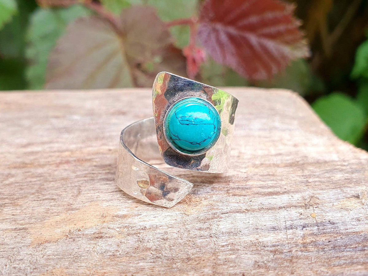 Hammered Silver Ring Turquoise, Boho Adjustable Turquoise Ring