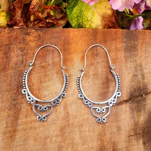 Large Ethnic Silver Hoop Earrings; Ethnic, Geometric, Rustic, Yoga, Hippie, Gypsy, Pretty, Psy, Boho, Bohemian, Festival