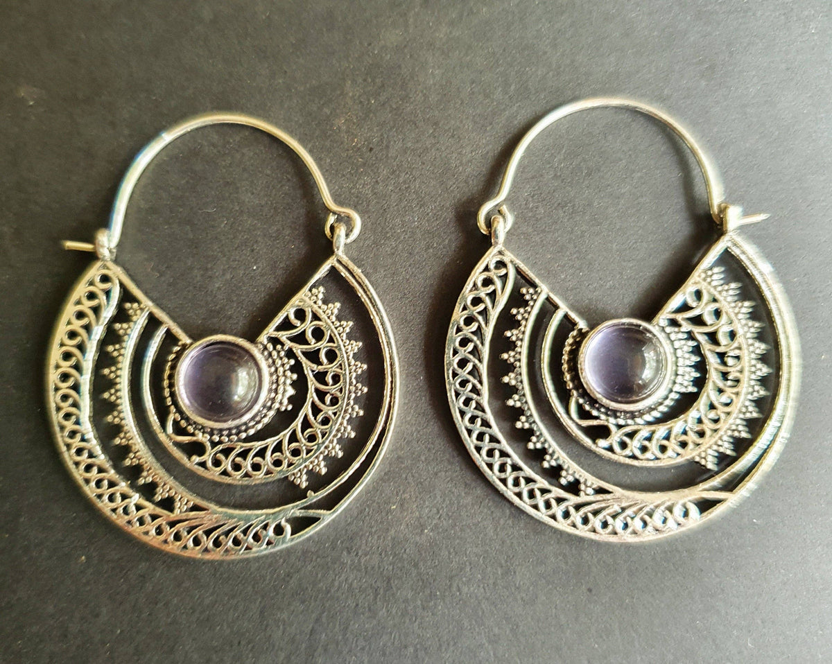 Amethyst & Silver Hoop Earrings Ethnic, rustic, yoga, hippie, gypsy, pretty, psy, boho, bohemian, festival