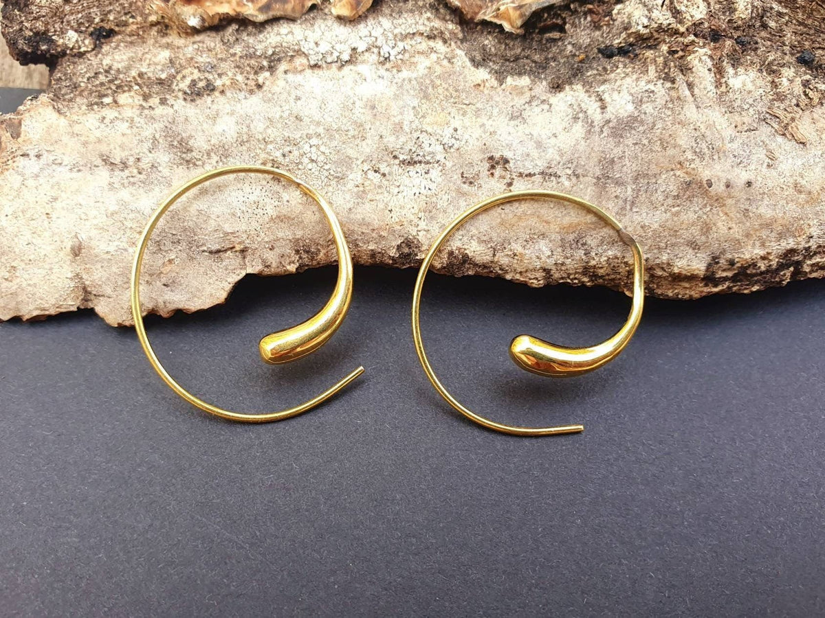 Minimalist Golden Spiral Hoop Earrings; Ethnic, Geometric,  Small, Rustic, Yoga, Hippie, Gypsy, Pretty, Ssy, Boho, Bohemian, Festival