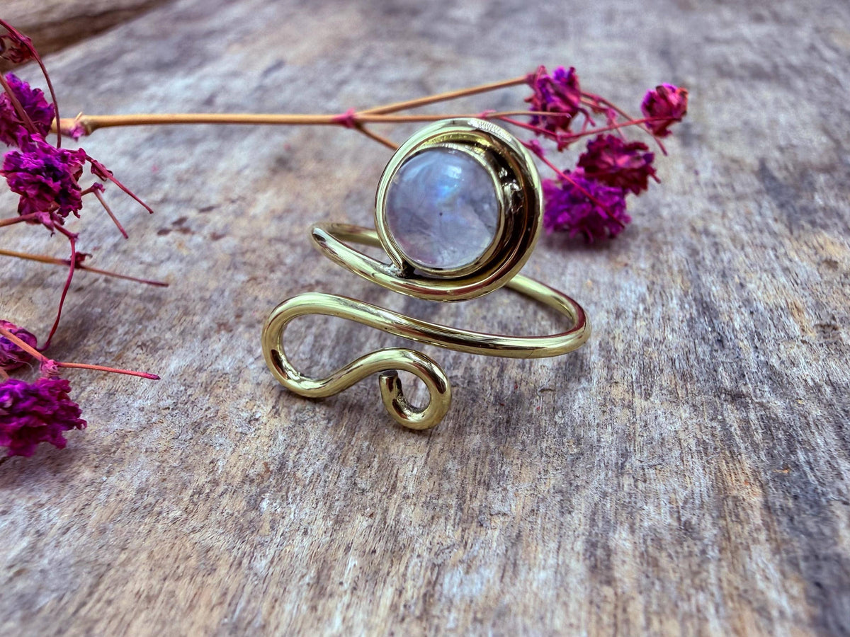 Boho Moonstone Brass Ring, Adjustable Ring, One size