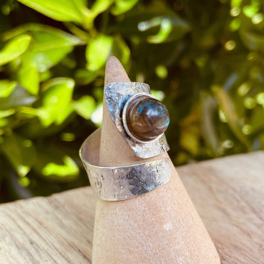 Hammered Silver Ring Labradorite, Adjustable Boho Silver Ring