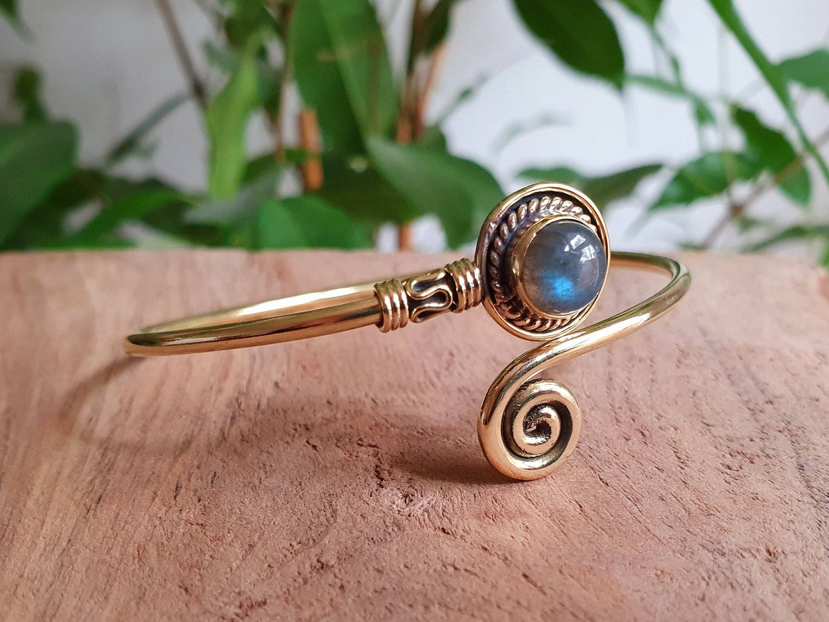 Gold Bracelet & Labradorite / Brass / Adjustable / Spiral / Ethnic / Rustic / Bohemian  / Boho /
