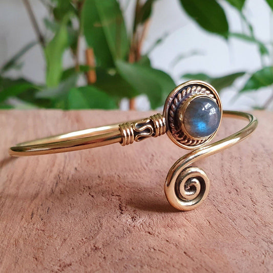 Gold Bracelet & Labradorite / Brass / Adjustable / Spiral / Ethnic / Rustic / Bohemian  / Boho /