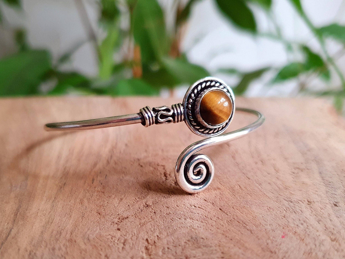 Silver Bracelet & Tiger Eye / Brass / Adjustable / Spiral / Ethnic / Rustic / Bohemian  / Boho /
