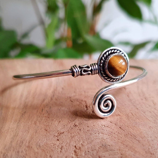 Silver Bracelet & Tiger Eye / Brass / Adjustable / Spiral / Ethnic / Rustic / Bohemian  / Boho /