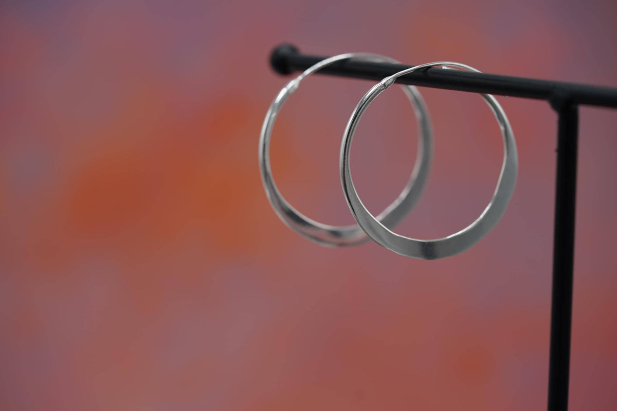 Hammered Flat Silver Hoop Earrings, Bohemian Hoops, Ethnic Jewellery, Everyday Silver Earrings