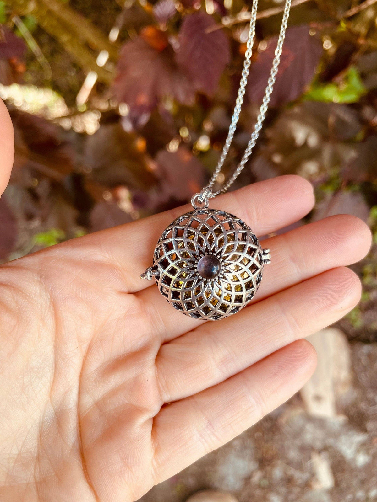 Silver Bola Necklace Brass & Amethyst / Pregnancy / Hypoallergenic / Harmony Ball / Chimes / Bell / Vegan / Ethnic / Boho  / Hippie /