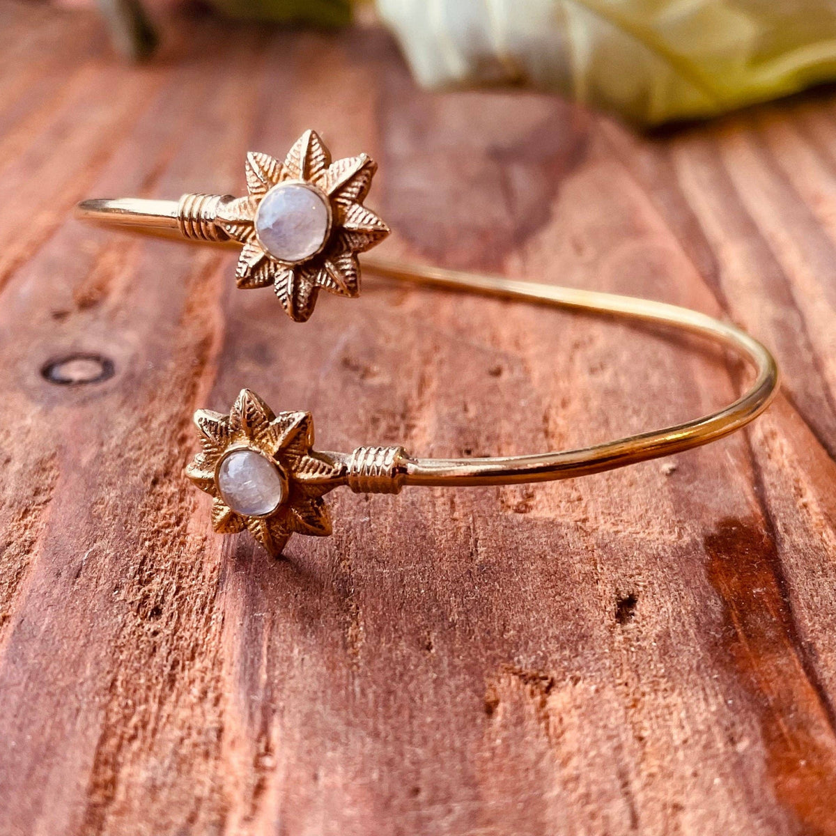 Moonstone Flower Boho Brass Bracelet /  Adjustable / Gold Bangle / Ethnic / Rustic / Bohemian / Hippie / Gypsy / Psy / Bohemian Jewelery