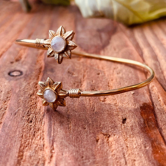 Moonstone Flower Boho Brass Bracelet /  Adjustable / Gold Bangle / Ethnic / Rustic / Bohemian / Hippie / Gypsy / Psy / Bohemian Jewelery
