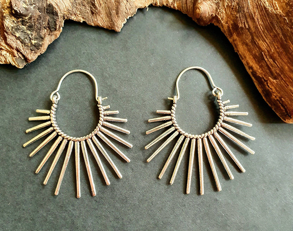 Large Sun Earrings / Silver / Brass / Hoops / Galaxy Boho Bohemian Geometric Yoga Ethnic Boho Rustic Chic Gypsy Spiral Hippie Tribal style