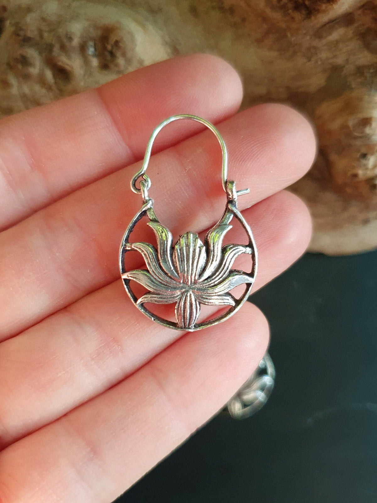 Boho Lotus Flower Silver Earrings; Ethnic, Geometric,  Small, Rustic, Yoga, Hippie, Gypsy, Pretty, Ssy, Boho, Bohemian, Festival