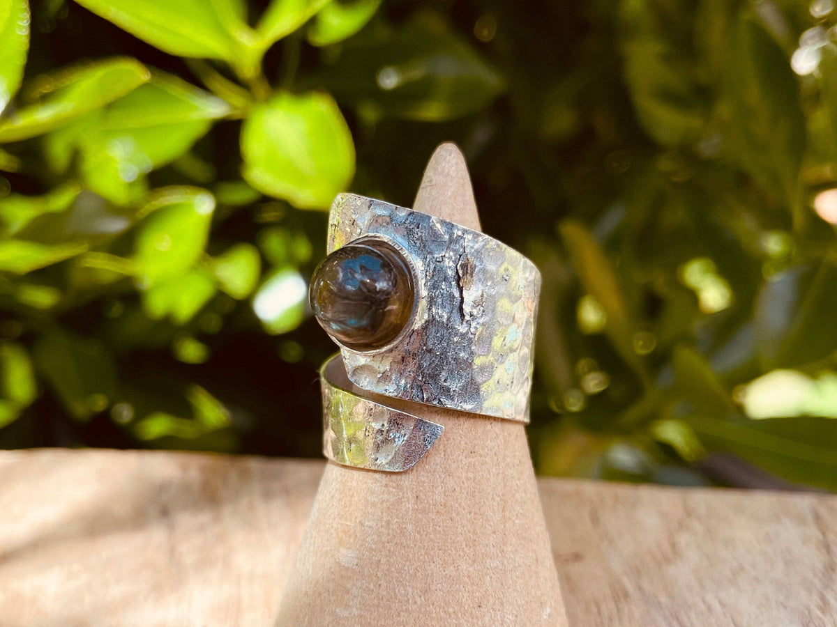 Hammered Silver Ring Labradorite, Adjustable Boho Silver Ring