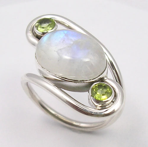 Rainbow Moonstone and Peridot Sterling Silver Ring