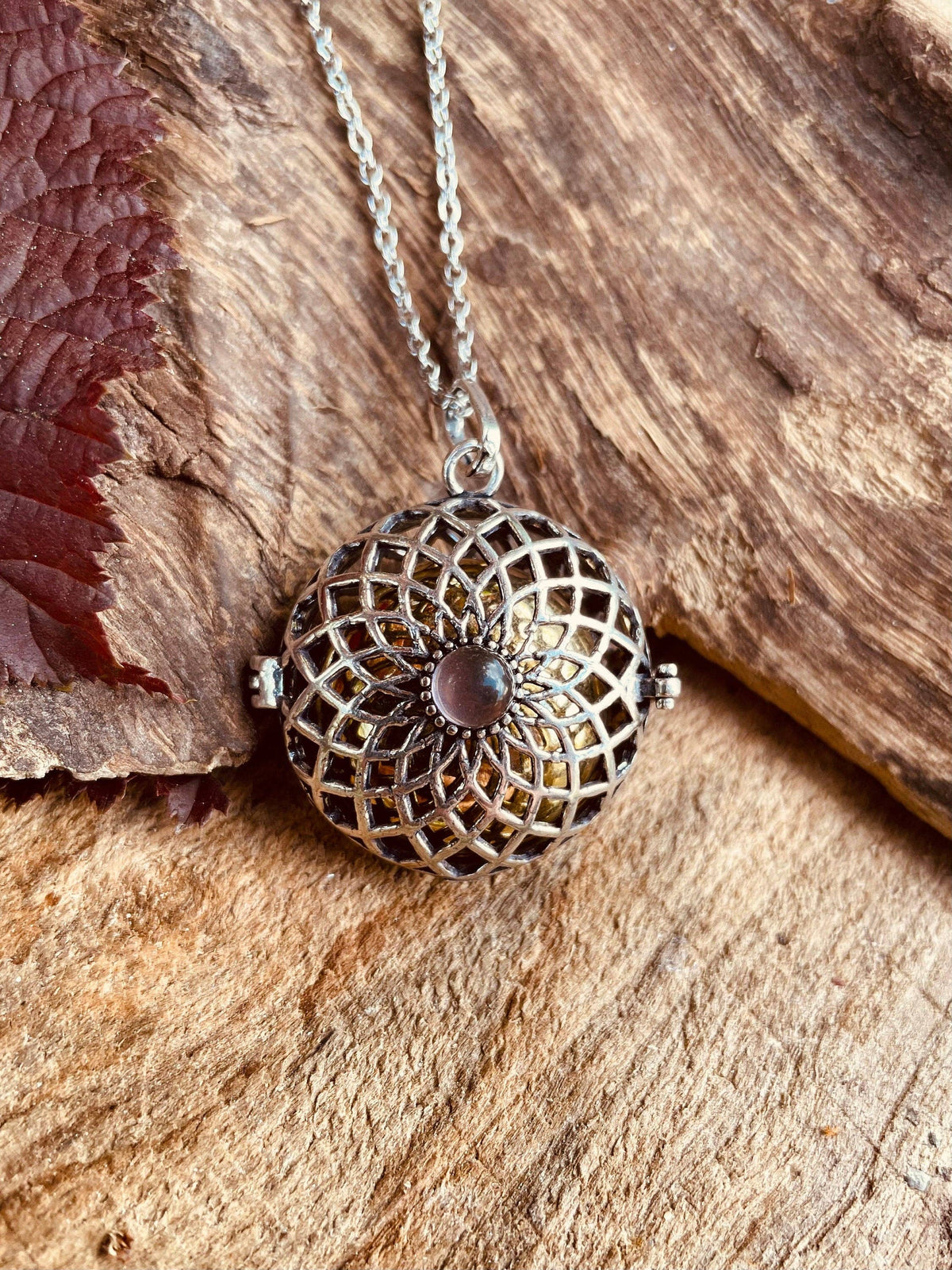Silver Bola Necklace Brass & Amethyst / Pregnancy / Hypoallergenic / Harmony Ball / Chimes / Bell / Vegan / Ethnic / Boho  / Hippie /