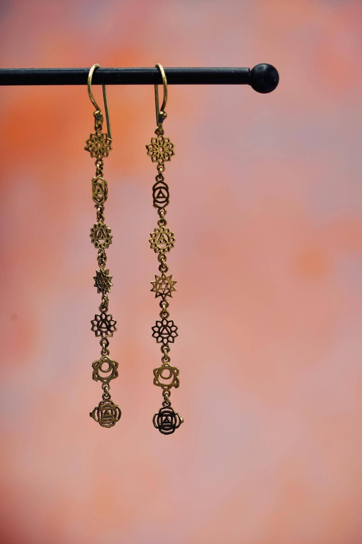 Long Pendant Brass Chakra Earrings, Boho Jewellery
