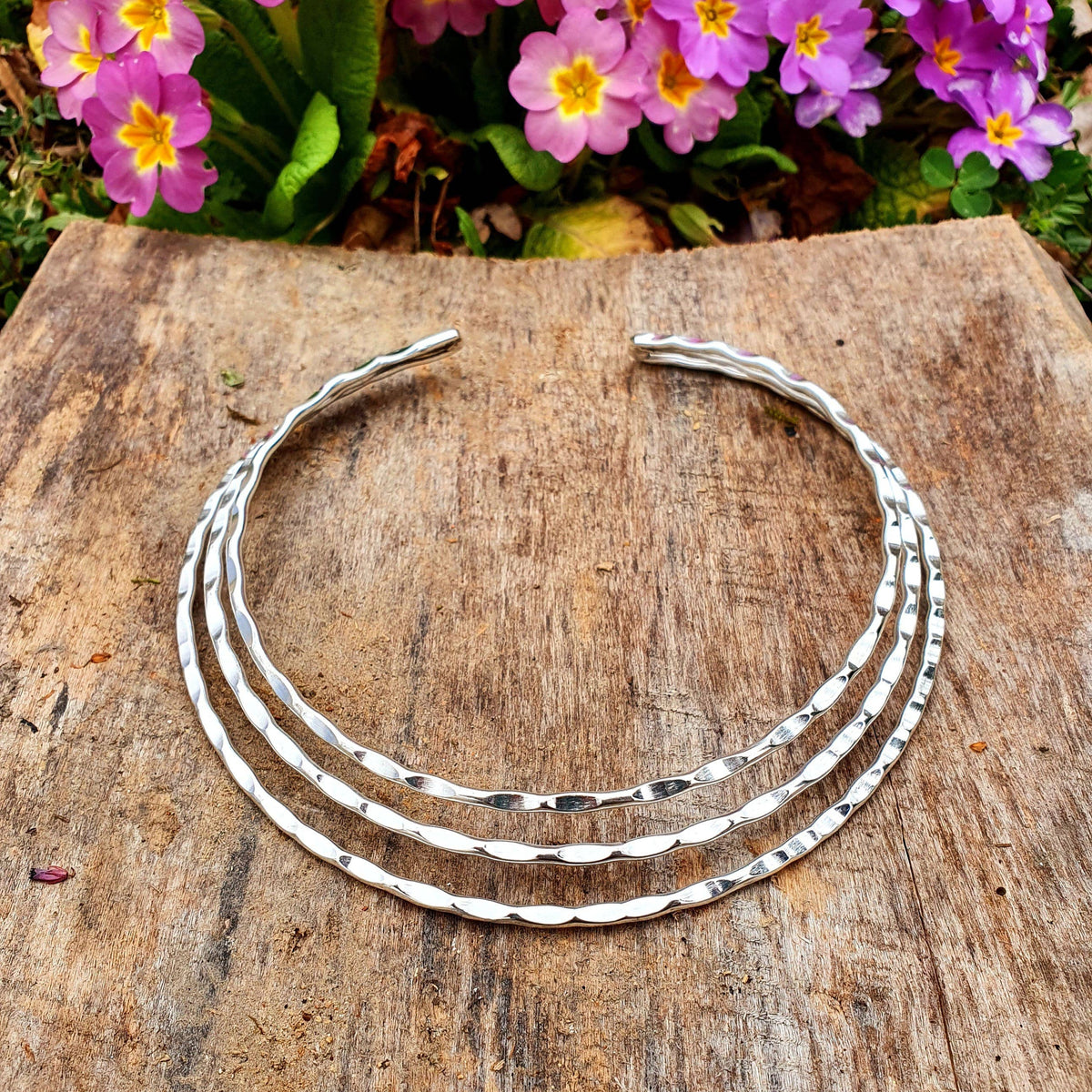 Hammered Silver Choker Three Bands, Boho Statement Choker Necklace, Womens Choker Necklace