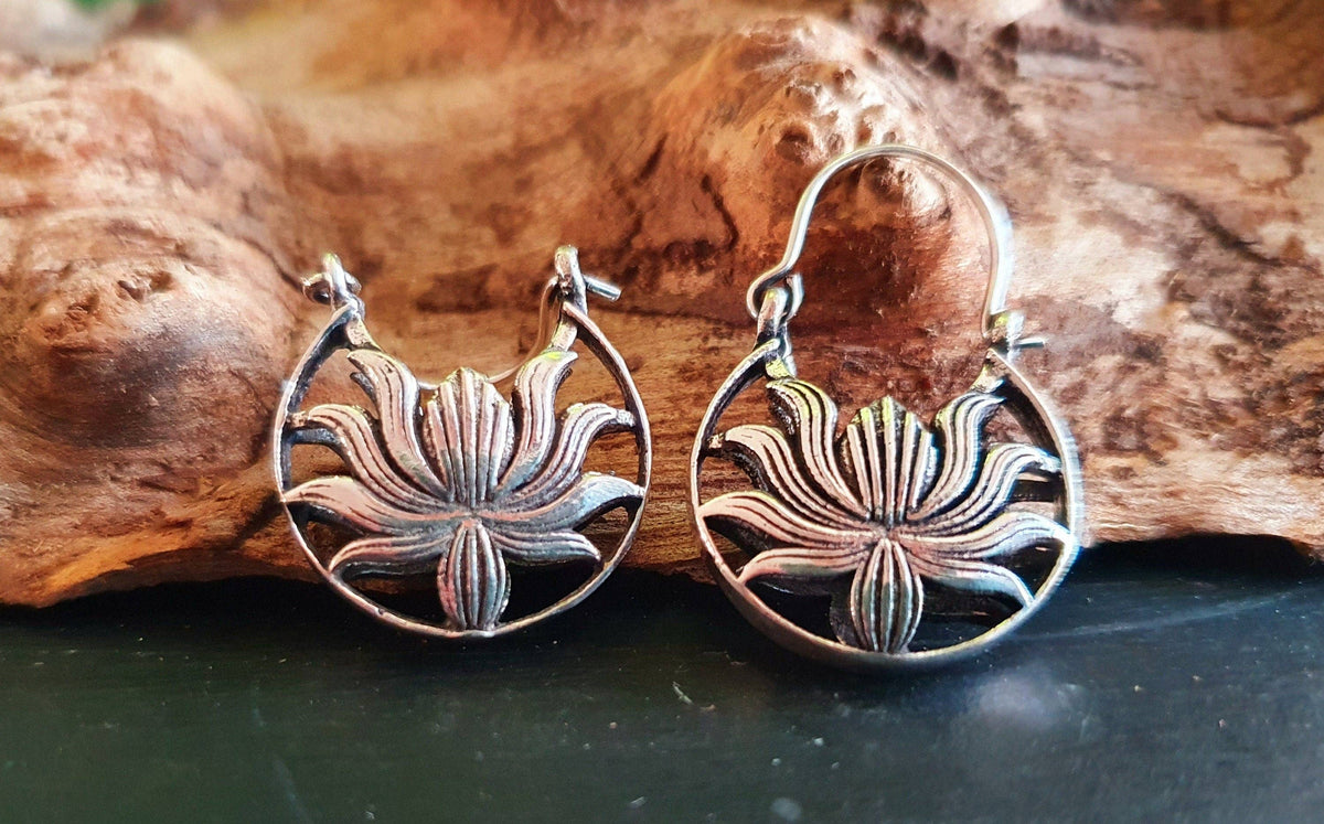 Boho Lotus Flower Silver Earrings; Ethnic, Geometric,  Small, Rustic, Yoga, Hippie, Gypsy, Pretty, Ssy, Boho, Bohemian, Festival